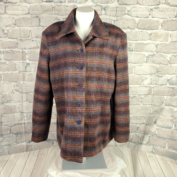 Vintage Wool Mohair  Plaid Shacket Plum Teal Orange Button Front Size 16 Grunge - Picture 1 of 11